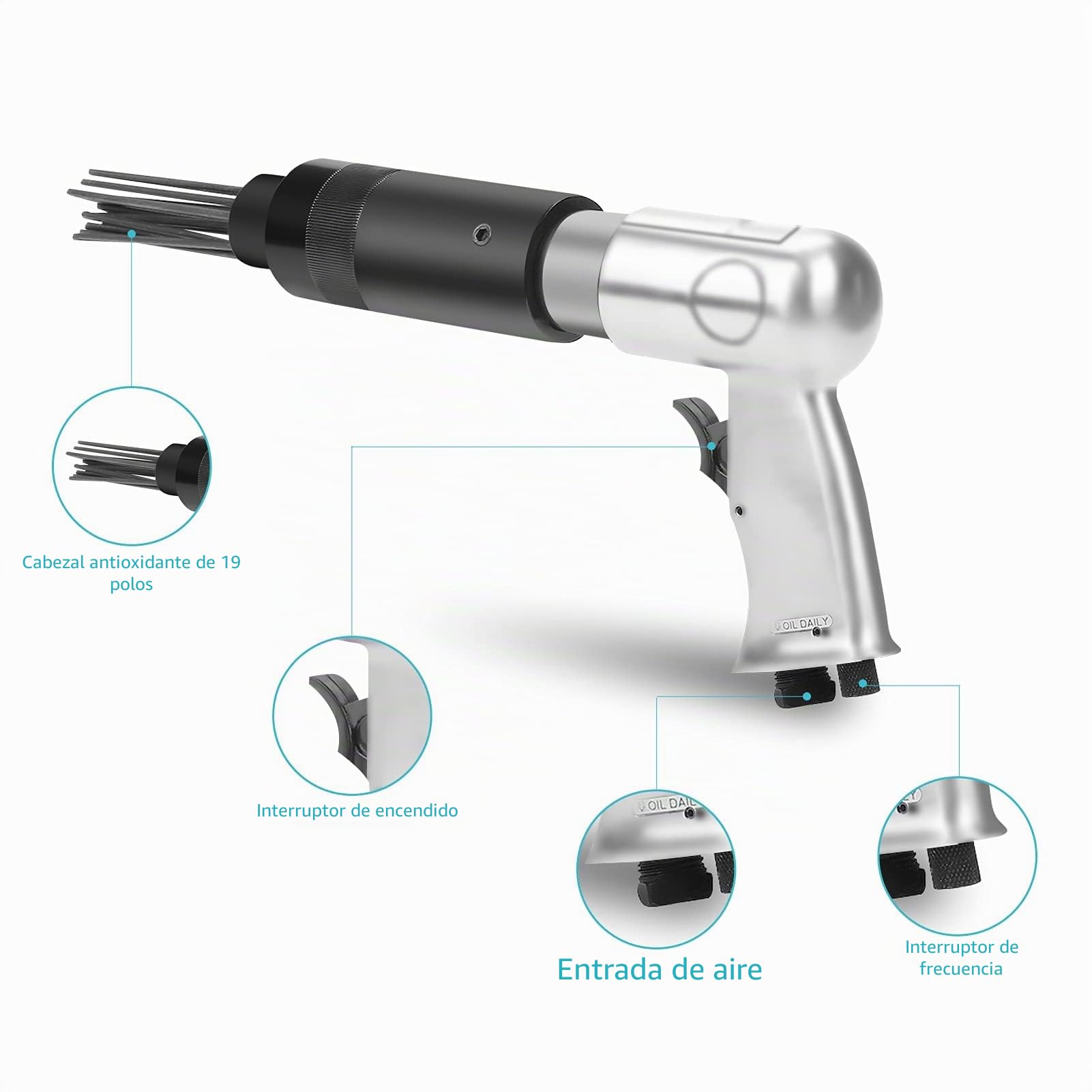 Cocoarm Pistola de Agujas Neumática Desoxidante, 19 Agujas, Removedor de Óxido, 340 mm, 3000 Pulsaciones por Minuto, Mango Ergonómico