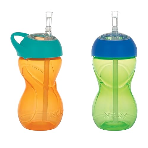 Nuby No-Spill Clik-It Flexi - Vaso para sorber con popote de fácil agarre, paquete de 2 unidades, 10 onzas, vaso para bebés de 6 meses en adelante,