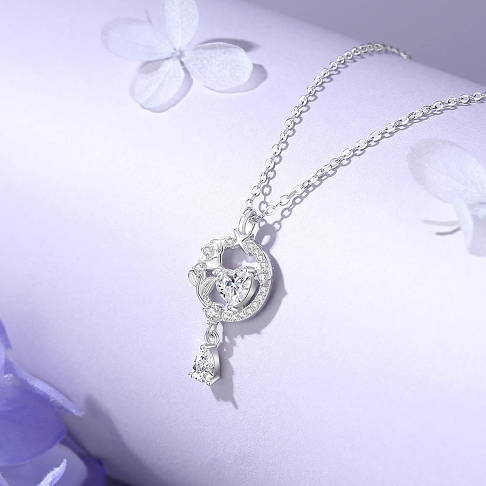 Moissanite Collana, Collana Donna Lunga Vintage Ciondolo Catenina Gioielli Oro Bianco 9K/14K/18K Lacrima di Rosa D'Amore 40+5cm