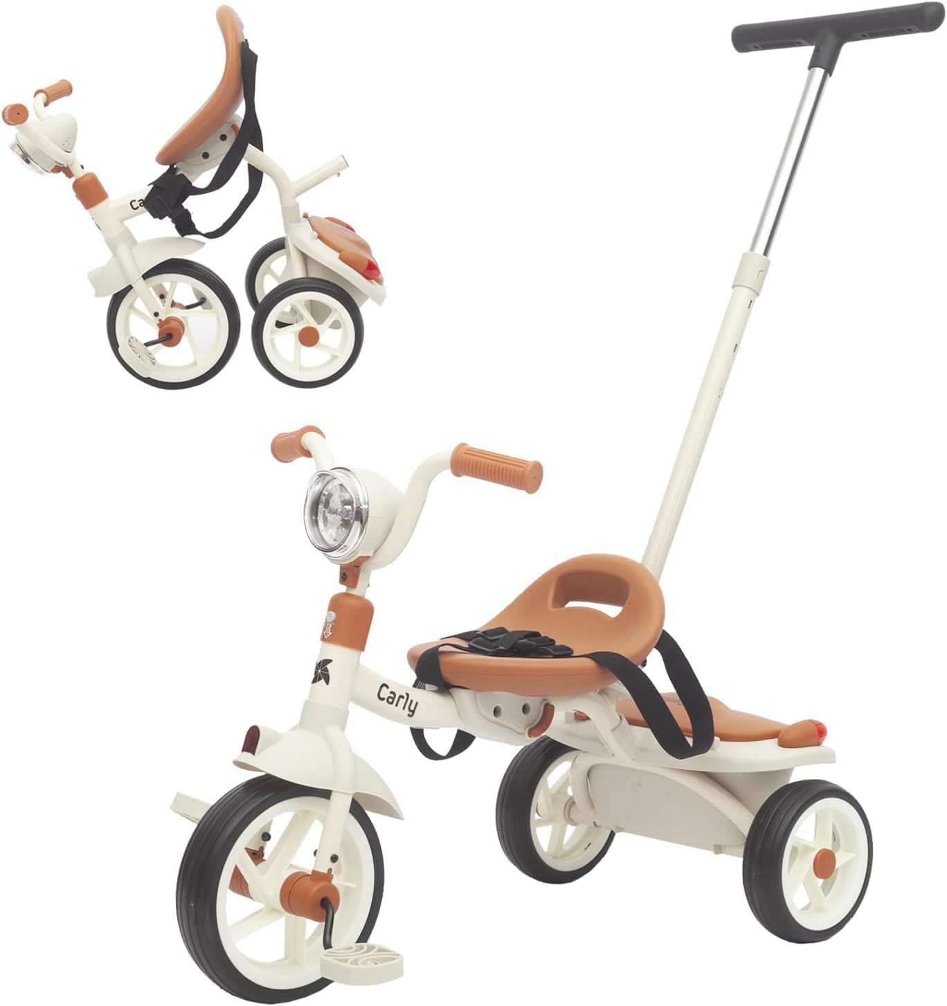Twinly – Foldable Evolutionary Tricycle for Toddlers Aged 1–5, Carly Lightweight & Compact Kids’ Trike with Handlebar Light and Sound, Basket and Adjustable Parent Push Bar (White)