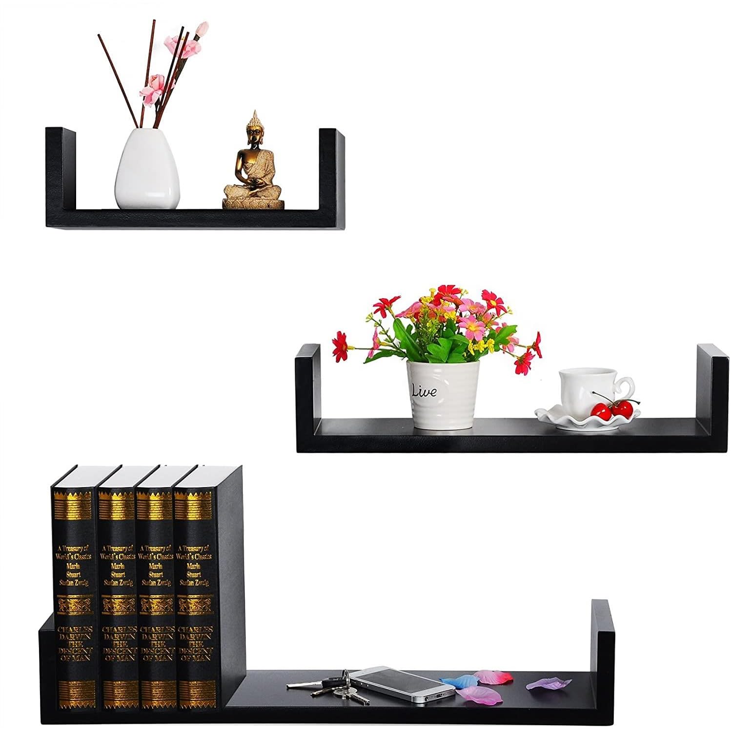 YORKSHIRE HOMEWARE MDF Set of 3 U-Shaped White Floating Shelves for Bedroom, Kitchen, Office, and Bathroom - Decorative Wall Mounted Shelving Unit with Invisible Mounting, Modern Finish (Black)