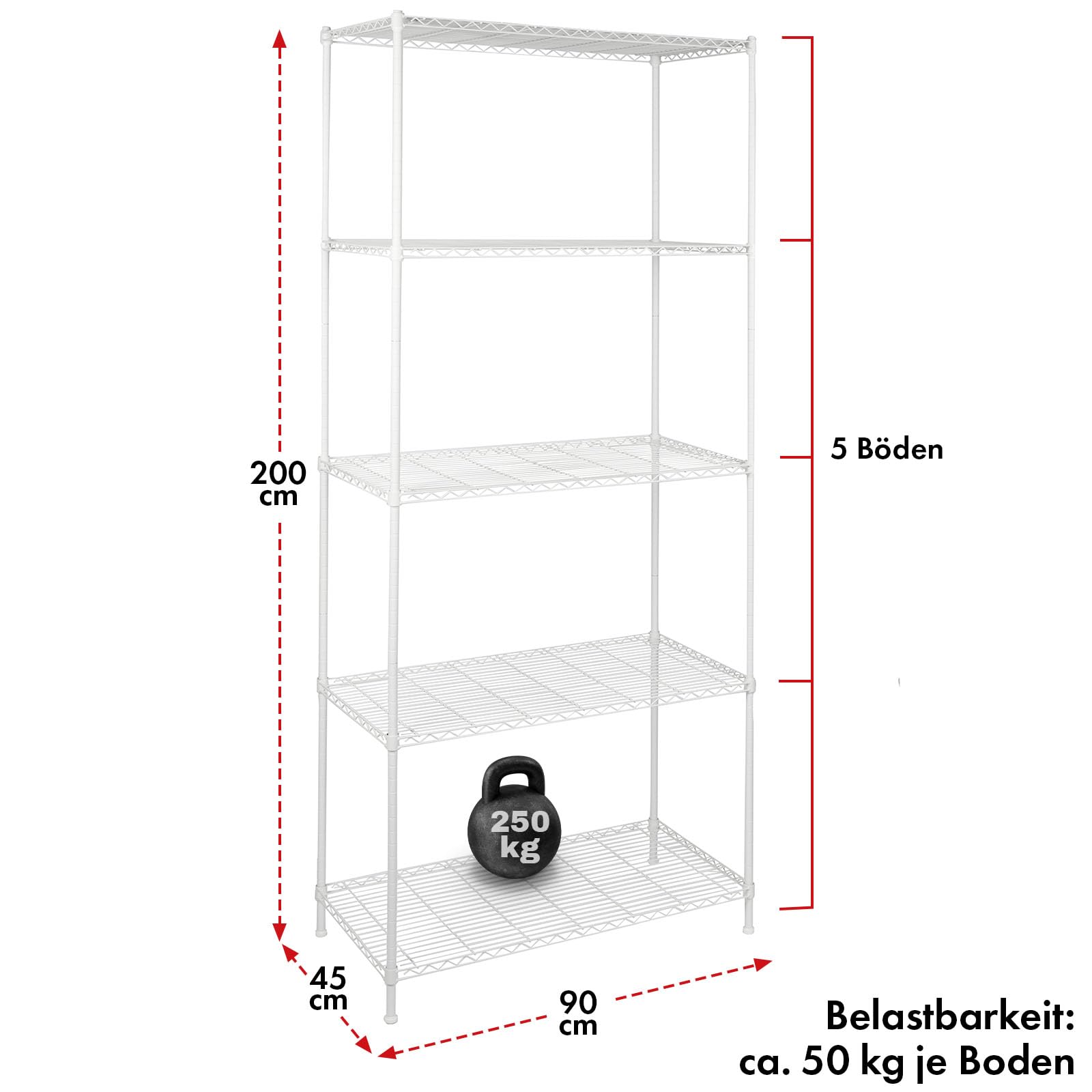Floordirekt Rocky - Estantería de Rejilla (Metal, Capacidad de Carga Aprox. 50 kg por Suelo, Sistema de Almacenamiento Multifuncional (90 x 45 x 200 cm), Color Blanco