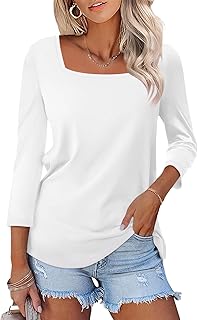 TICTICMISS Womens 3/4 Sleeve Square Neck Tops Casual Summer Tops Trendy Womens T Shirts Ladies Tops