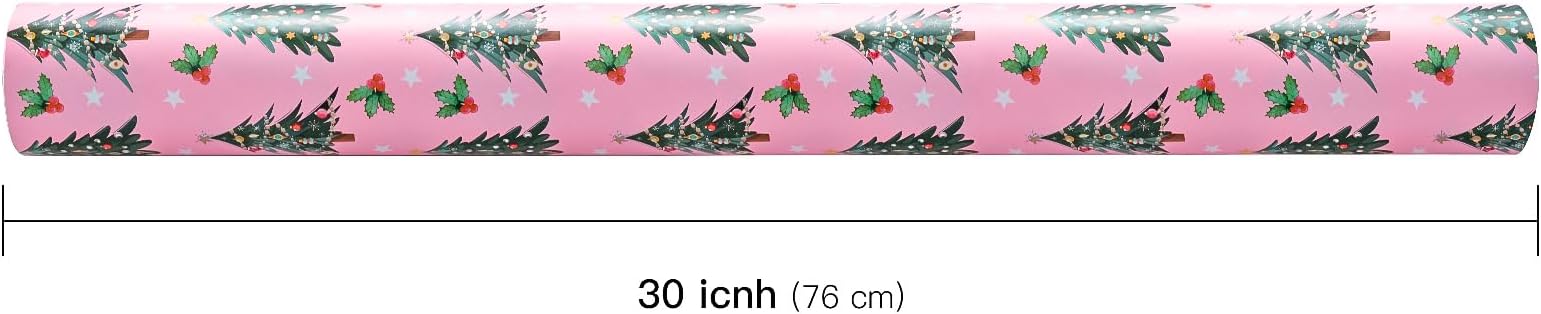 WRAPAHOLIC 30 Inch Jumbo Pink Reversible Christmas Wrapping Paper - 30 Inch x 100 Feet Jumbo Roll Pink Christmas Tree Wrapping Paper for Holiday, Party Celebration