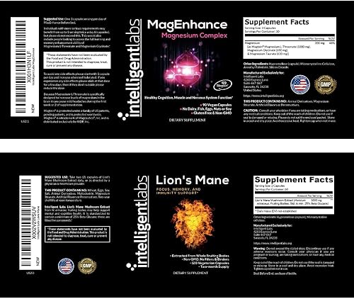 Miniatura 4 de Intelligent Labs Paquete 2 en 1 de suplemento de magnesio MagEnhance (glicinato de magnesio de alta absorción, treonato y taurato) y suplemento