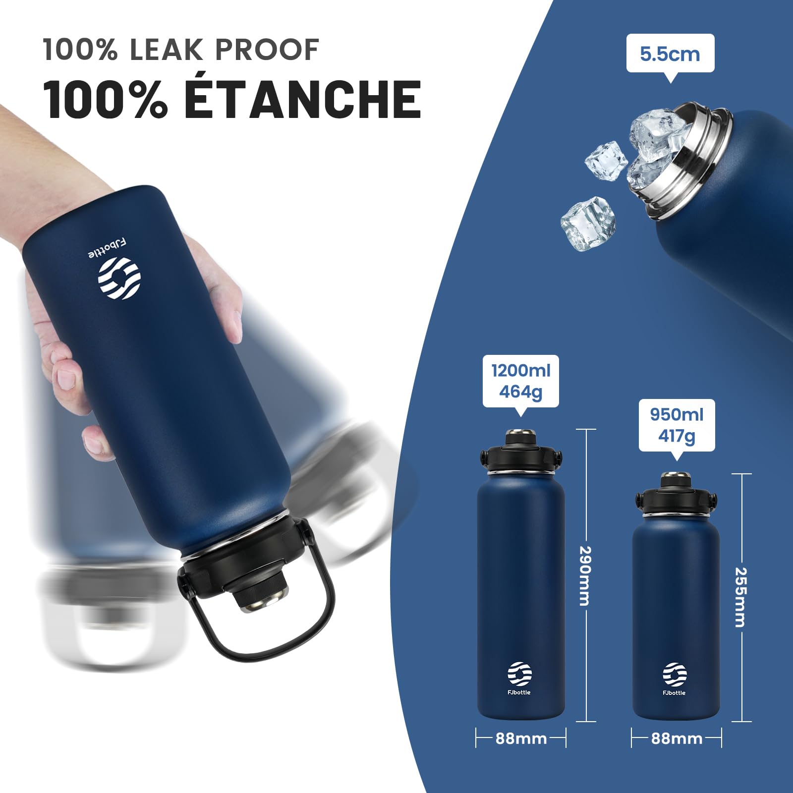Fjbottle Borraccia Termica con cannuccia - 2xTappi - 950ML/1200ML Bottiglia Termica - Senza BPA/Senza Perdite Borracce acciaio inox per Scuola, Sport, Palestra, Ciclismo