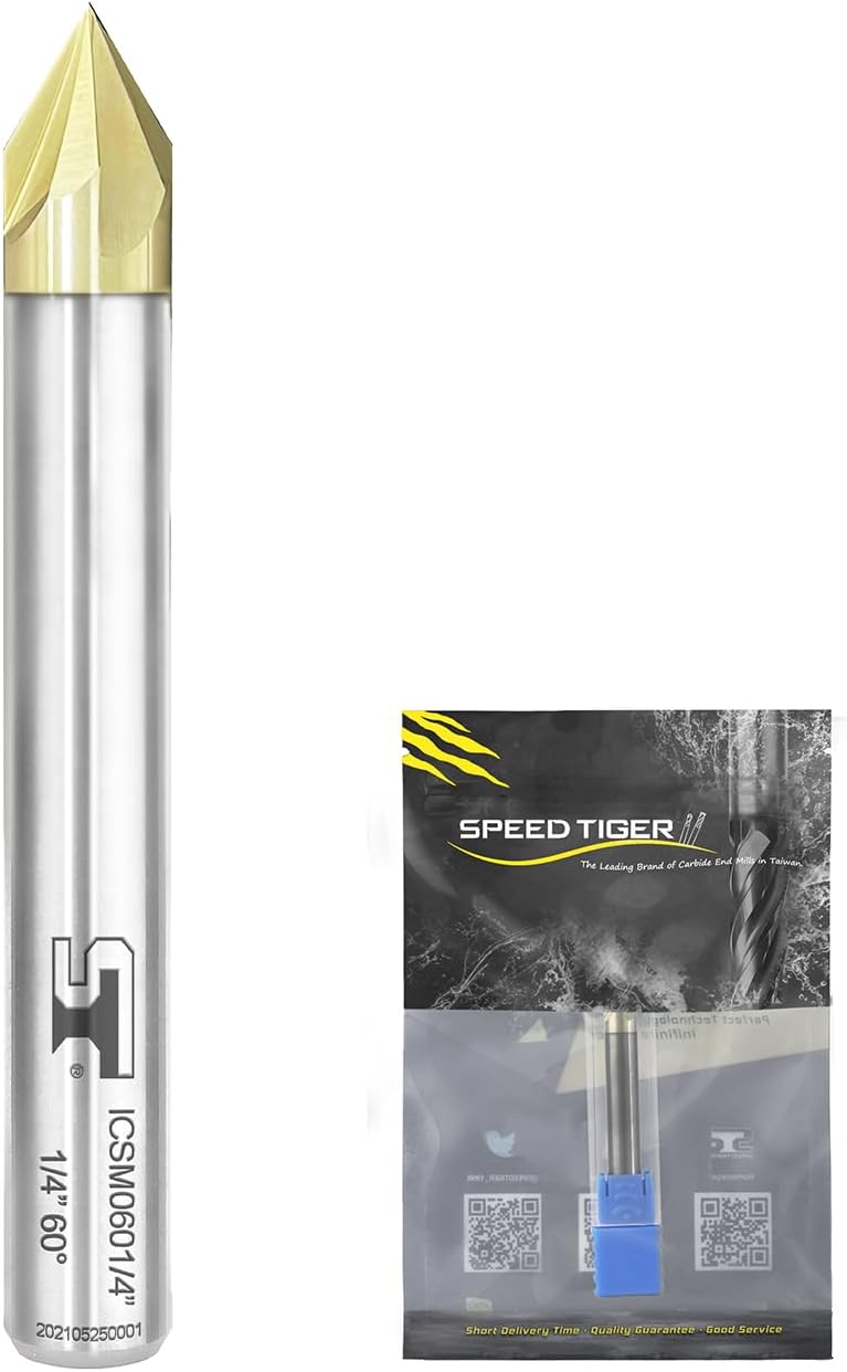 SPEED TIGER Chamfer End Mill - CNC Carving Bits, V Groove, 60 Degree, ICSM1/4 Shank 2" OVL (1 Piece, 1/4" 60°) - for Wood, Alloy Steels, Hardened Steels – Mill Bits Sets for DIYers & Professionals