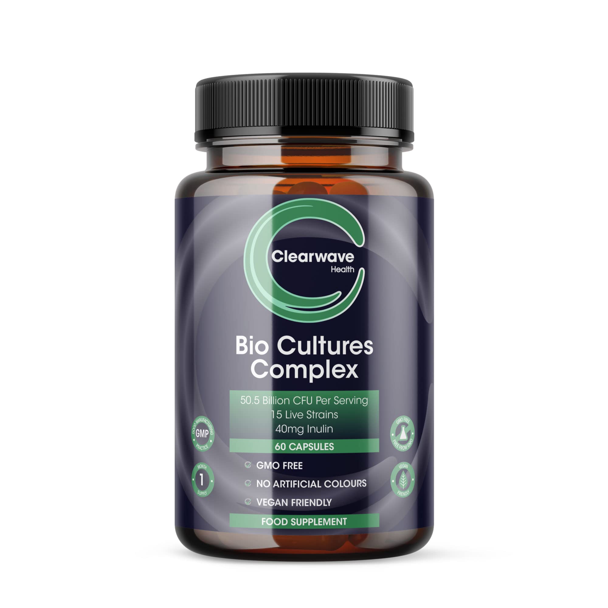 Probiotics - Live Bio Cultures Complex with 40mg Inulin (Prebiotic) - 60 Vegan Capsules (Not Tablets) - 50.5bn CFU per Serving - with Lactobacillus Acidophilus for Gut Health