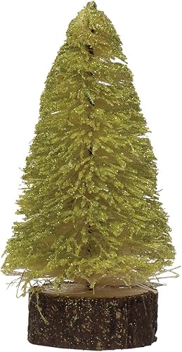 Creative Co-Op Árbol de cepillo para botella de sisal con base de rodajas de madera, Chartreuse