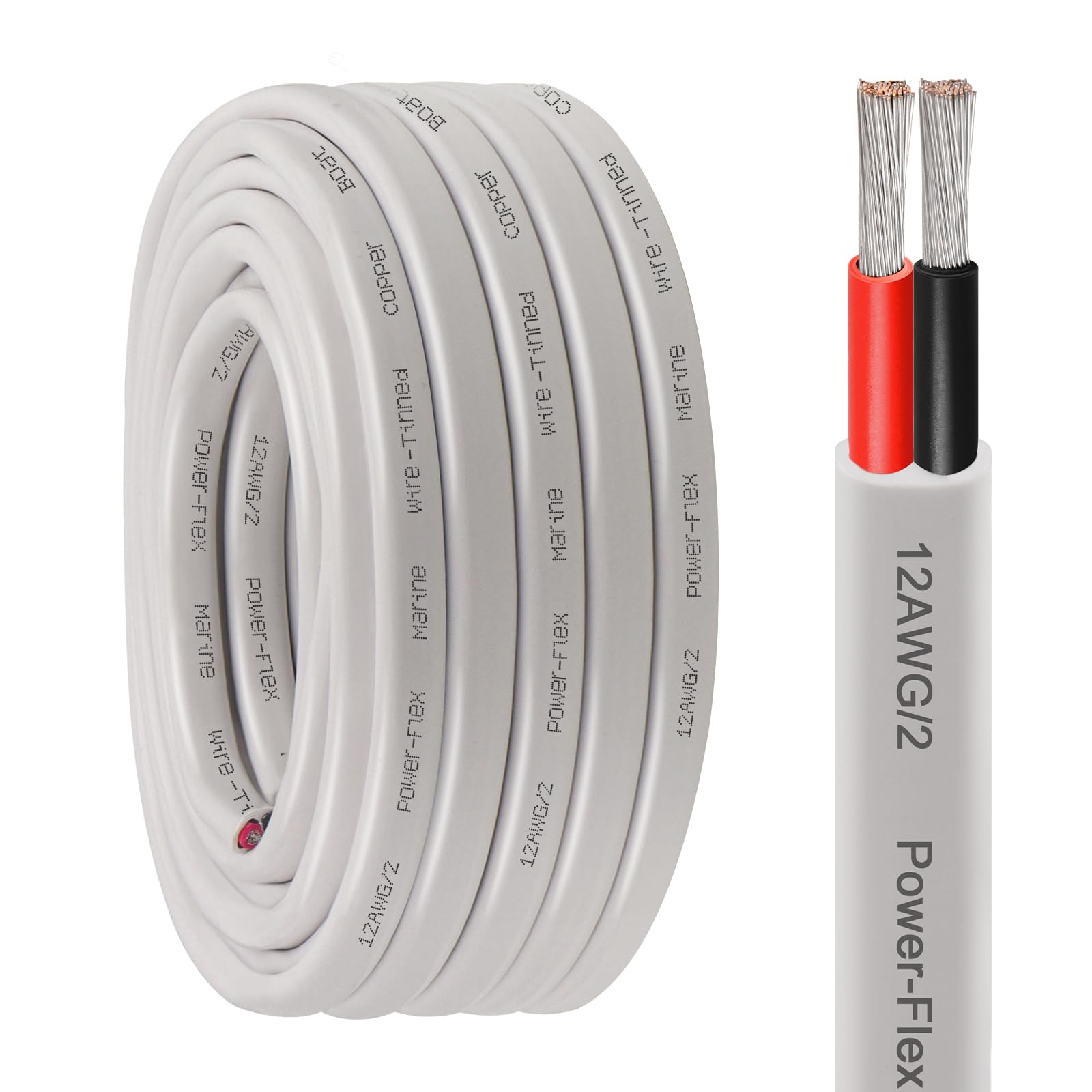 Kimbluth 12 Gauge Duplex Marine Wire Tinned Copper Boat Cable, 20ft 12 AWG Standard USA OFC Oxygen Free Copper Wire for Automotive Boat Speakers Solar