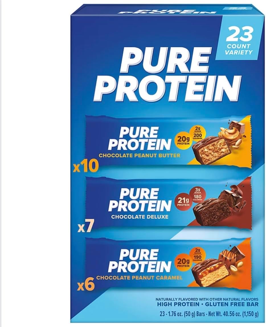 Pure Protein Bars, Nutrient Rich Snacks with High Protein for Energy Support, Minimal Sugar, Gluten-Free, Variety Pack (In NEYUM Packaging) (23 Pack)