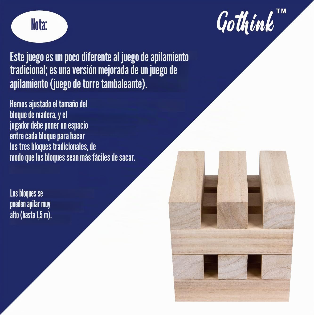 GOTHINK Torre de Madera Juego de Mesa - 51 Bloques de Madera, Apilable hasta 1.5m, Juego de Equilibrio para Niños y Adultos, Ideal para Fiestas y Familiares
