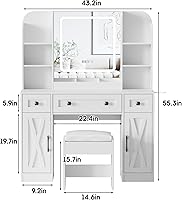 Vista 7 de Vabches Escritorio de tocador de maquillaje, espejo de tocador con luces, escritorio y silla, mesa de maquillaje con 3 cajones grandes y 2