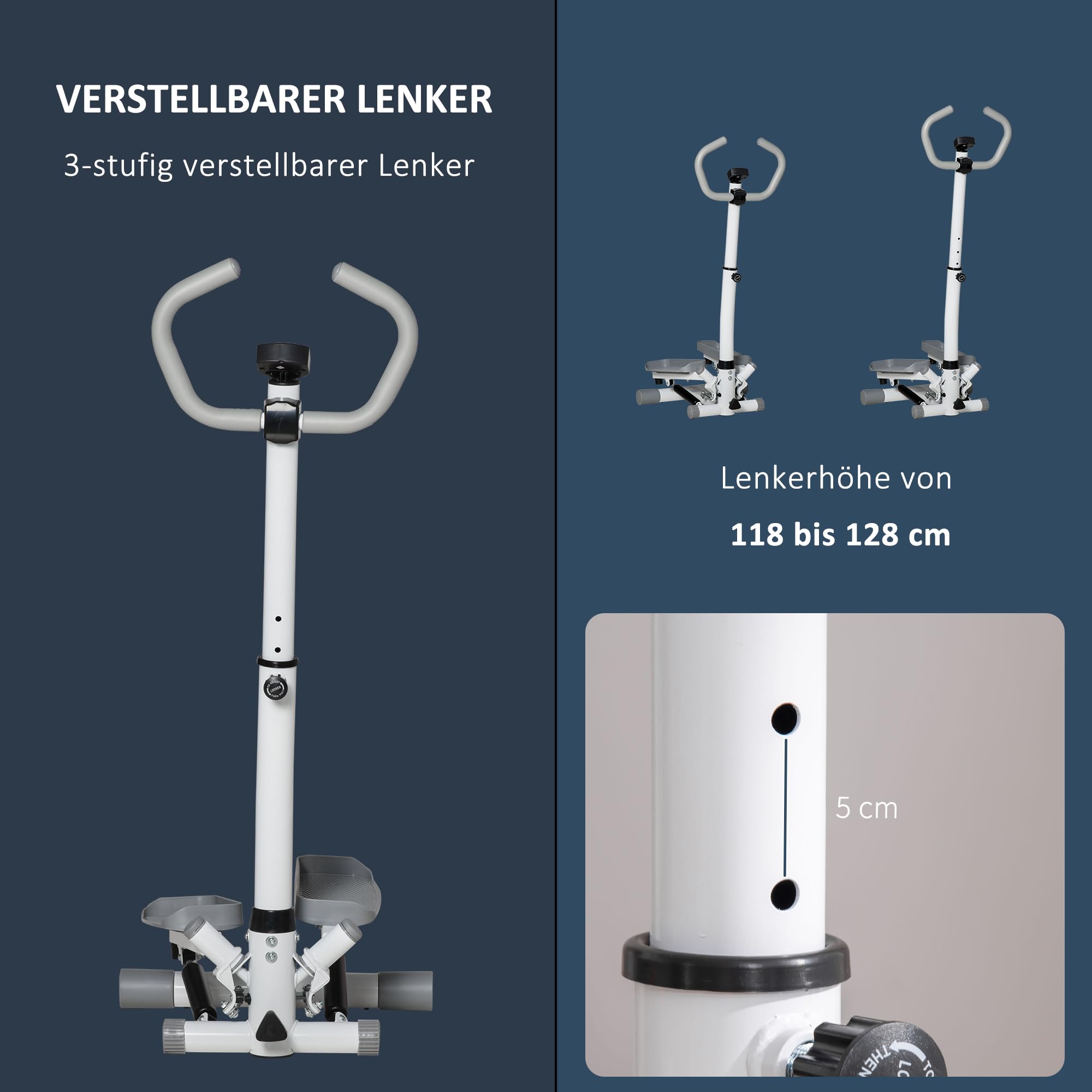 HOMCOM Stepper mit Handgriff Fitness Heimtrainer für Zuhause klein Fitnessgerät für Bein- und Po-Training mit LCD-Bildschirm einstellbare Geschwindigkeit Metall ABS 55 x 53 x 118-128 cm