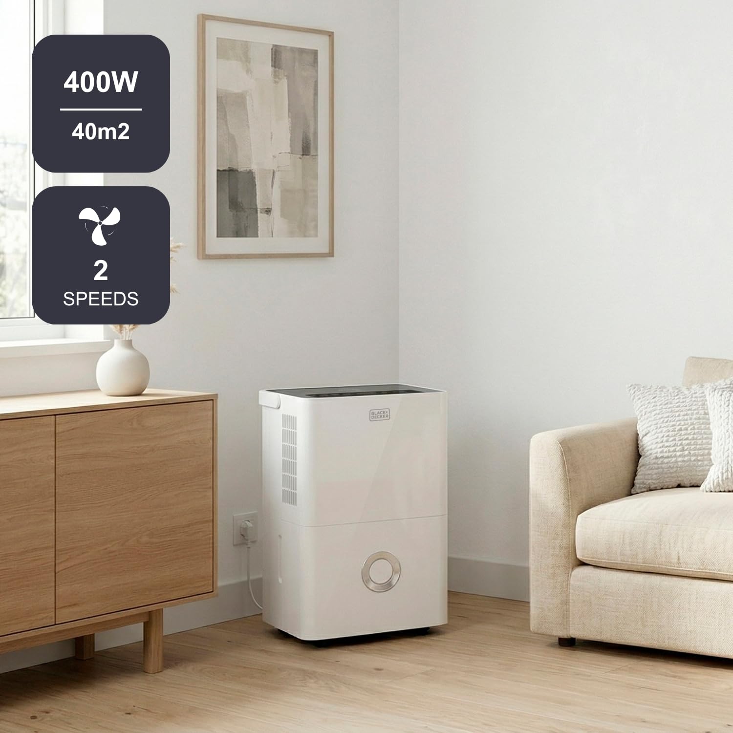 BLACK+DECKER - Deumidificatore e purificatore d'aria BXDH20E + 20 L/giorno | HEPA13 | Asciugatura biancheria | 2 velocità | 400W | Serbatoio 4 L | Programmabile 24h | Ruote | 40 m² | Bianco