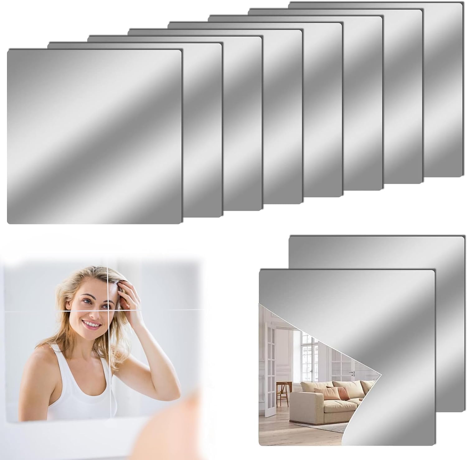 Lot De 8 Feuilles Miroir Autocollantes En Acrylique - 16x10 Cm, Flexibles Et Incassables - Pour Décoration Murale DIY