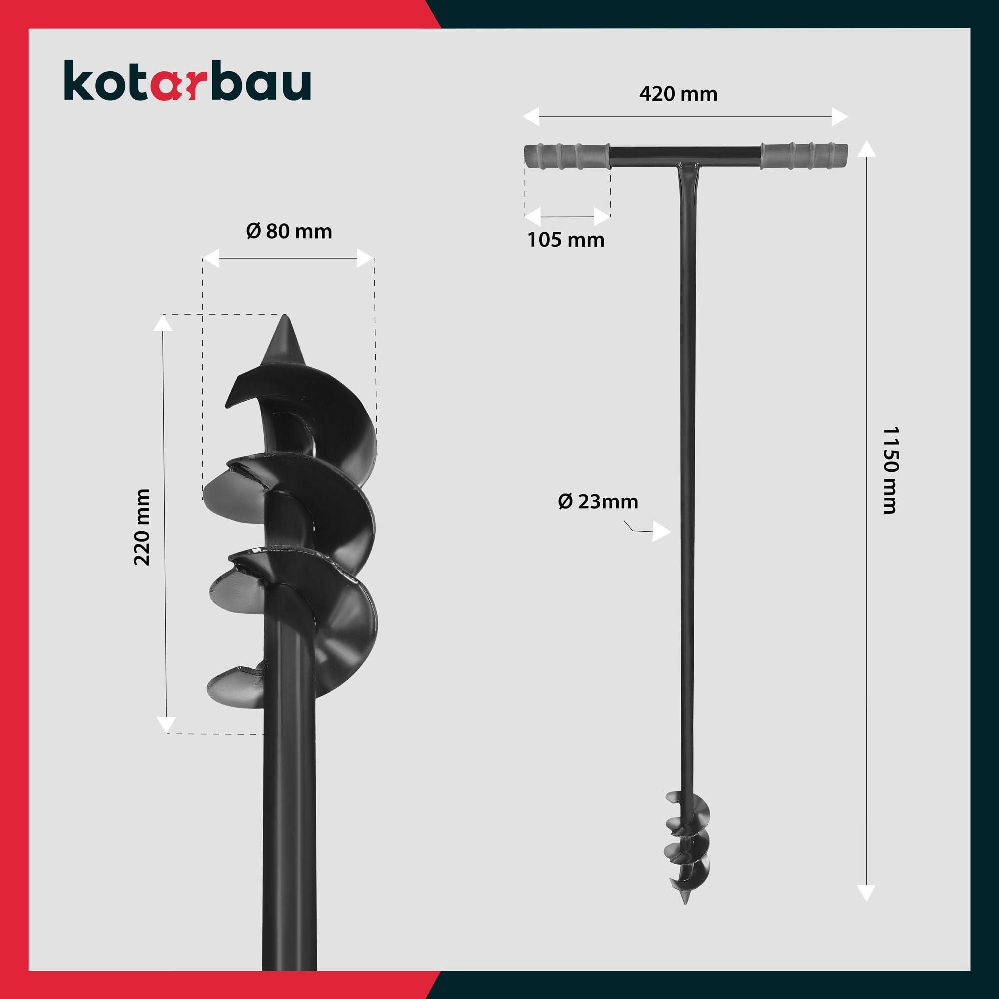 KOTARBAU® Ahoyadora manual 80 mm, Taladro de tierra manual, Perforadora de suelo con mango en T antideslizante, Barrena de jardín, Perforador de mano, Broca espiral de tierra, Plantador Cavahoyos
