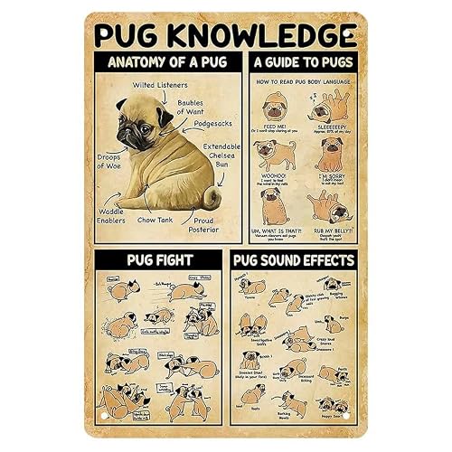 Matlpats Pug Dog Knowledge Vintage Tin Signs Funny Metel Decorative Signs - Retro Wall Decor Home Wall Signs 8X12 Inch