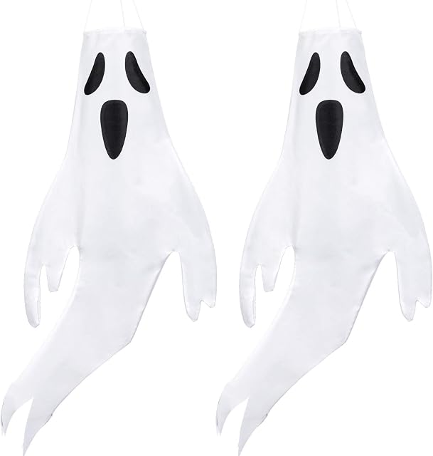 Whaline Halloween Windsocks Flag 43" Large Ghost Flag Wind Socks Ghost Face Outdoor Hanging Decoration for Home Yard Patio Lawn Garden Halloween Party Supplies, 2 Pieces