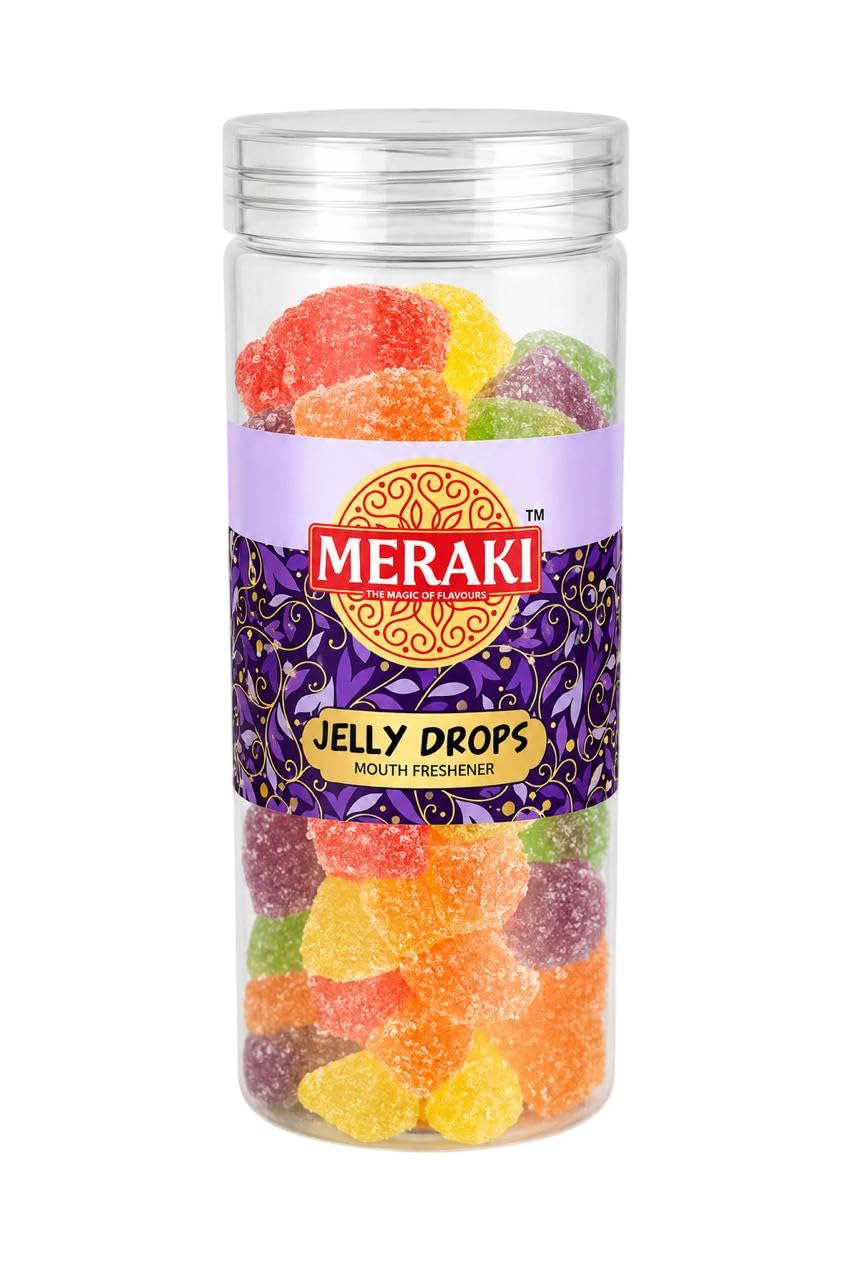 MERAKI : THE MAGIC OF FLAVOURS Jelly Drops | Fruit Flavoured Sugar Jelly Candy | Soft & Chewy Jelly Cubes | Assorted Colours | Vegetarian Candy | 200g-image-6