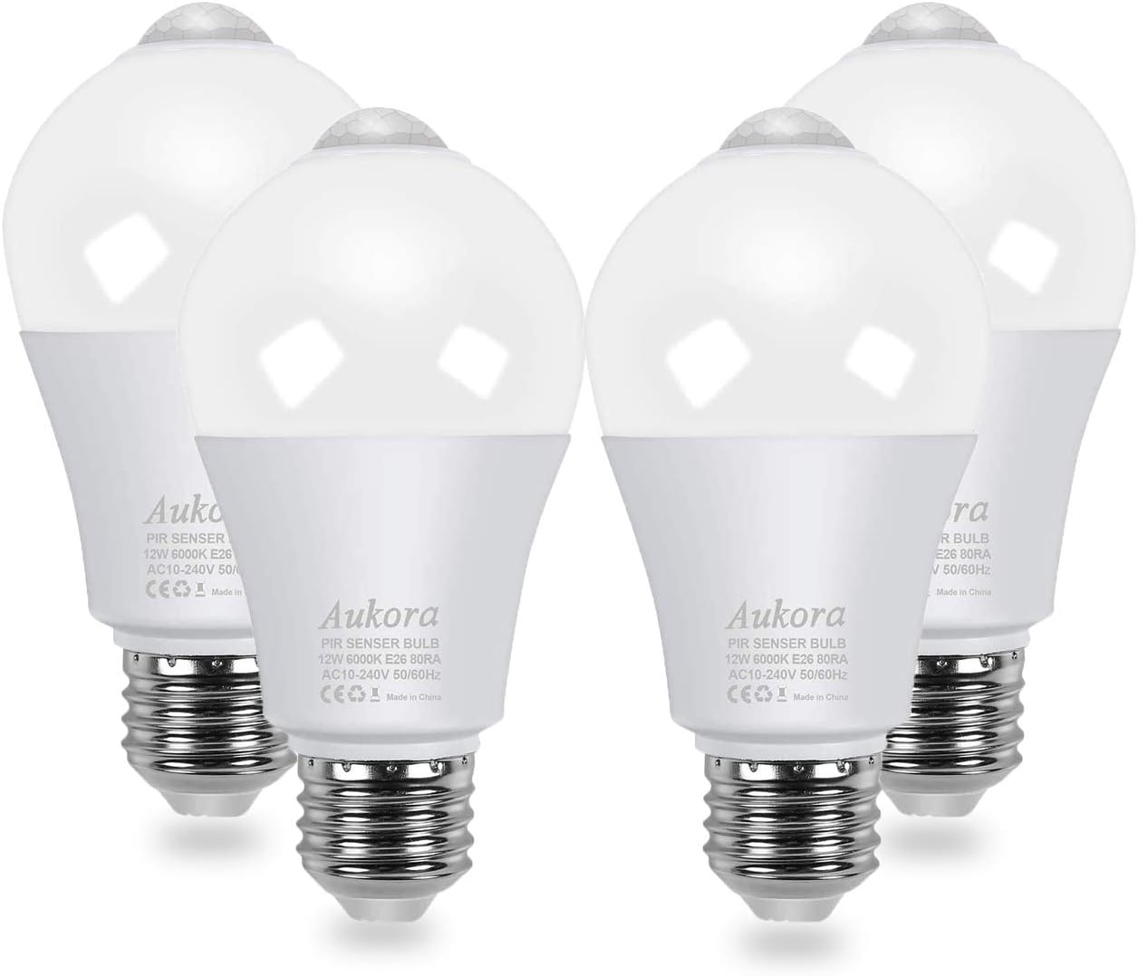 AukoraMotion Sensor Light Bulbs 4-Pack, 12W (100-Watt Equivalent) E26 Motion Activated Dusk to Dawn Security Light Bulb Outdoor/Indoor for Front Door Porch Garage Basement Hallway Closet(Cold White)
