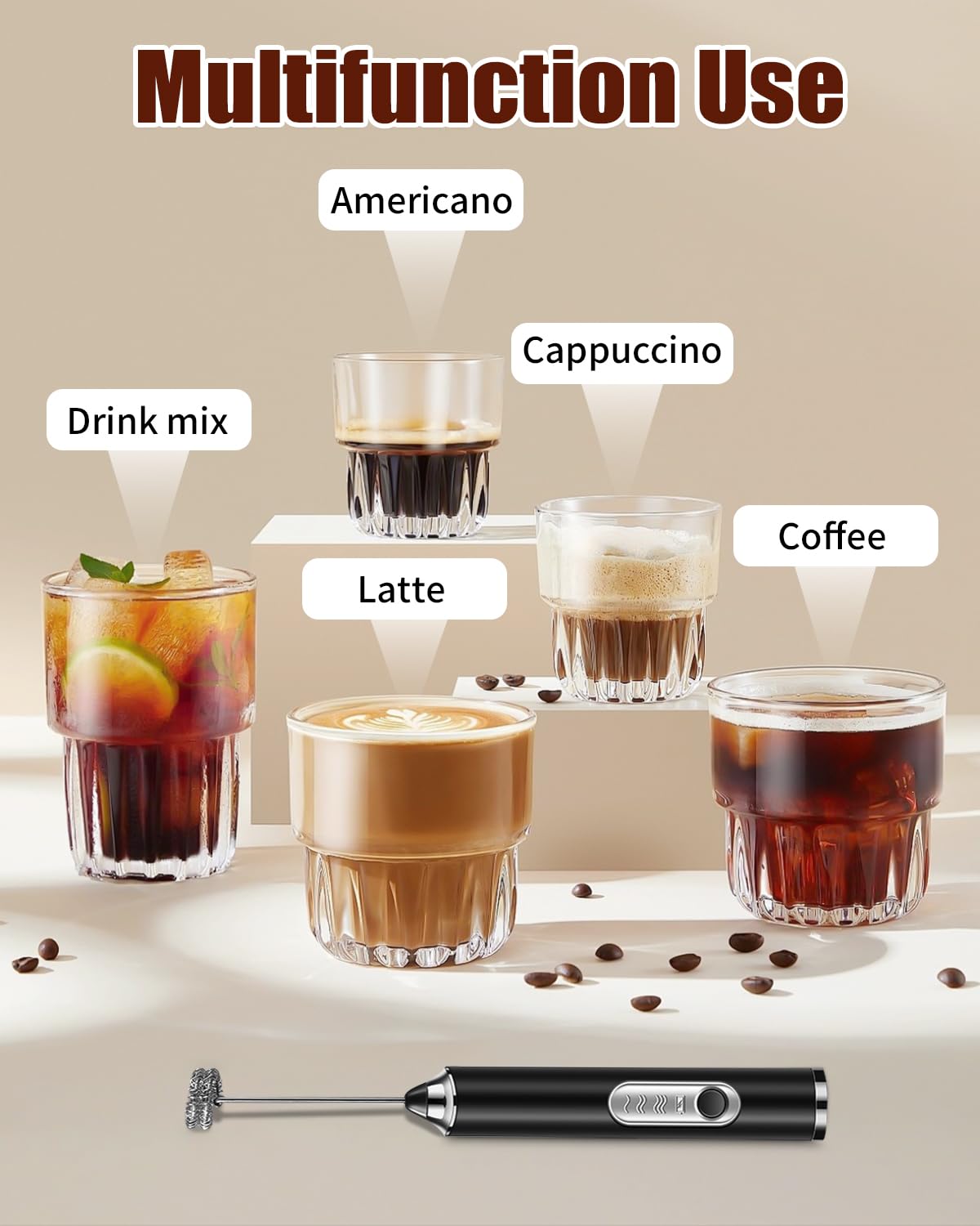 3 In 1 Montalatte Portatile Ricaricabile USB Elettrico Con 3 Velocità Regolabile, Schiumatore Latte Con 3 Frullini per Cappuccino, Caffè, Latte, Uova