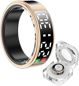 Smart Ring Health Tracker With LED Display Screen, Wearable Sleep Heart Rate Step Blood Oxygen Blood Pressure Tracker IP68 Waterproof Smart Ring For Women Men(Gold,9)