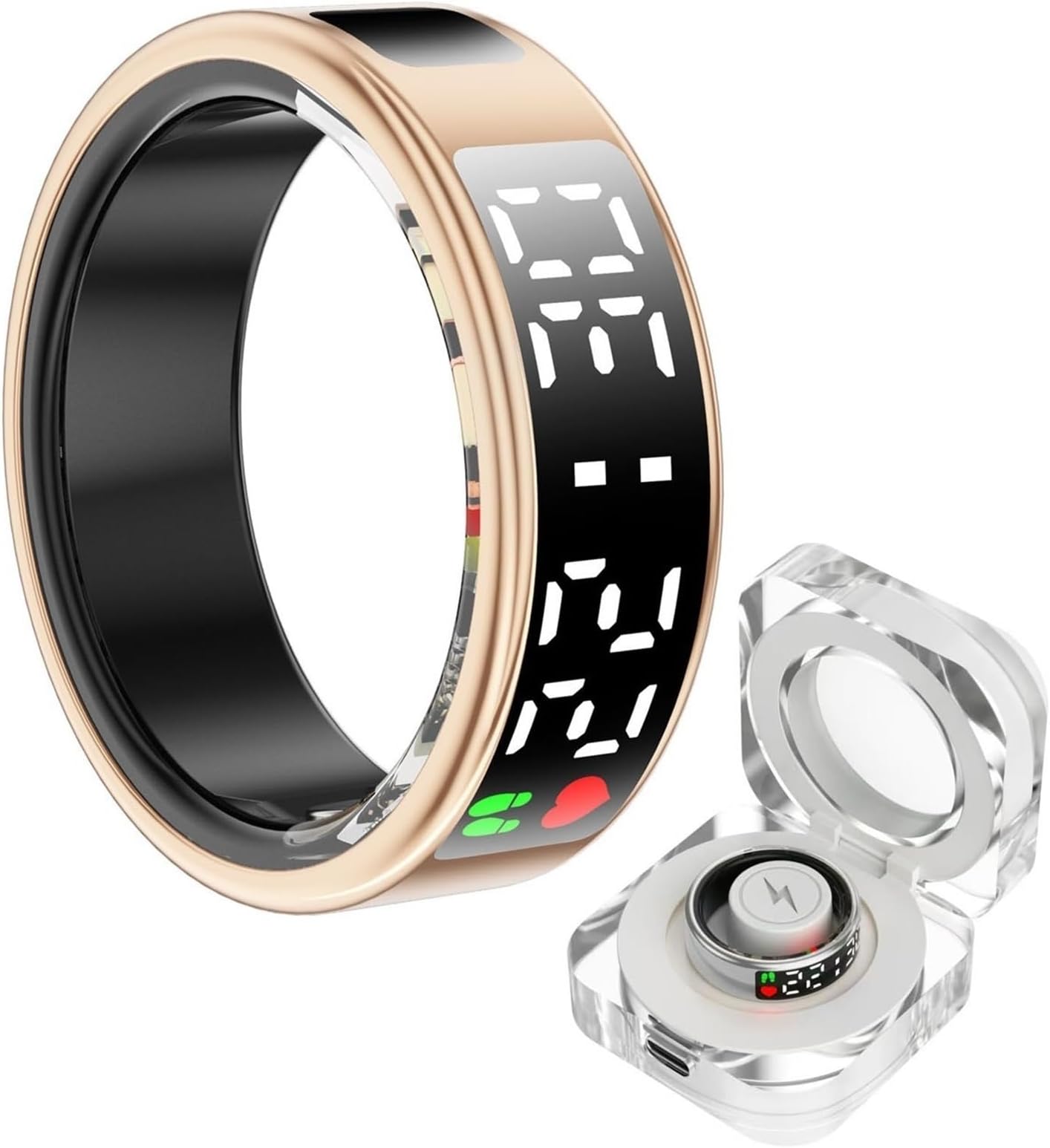 Smart Ring Health Tracker With LED Display Screen, Wearable Sleep Heart Rate Step Blood Oxygen Blood Pressure Tracker IP68 Waterproof Smart Ring For Women Men(Gold,11)