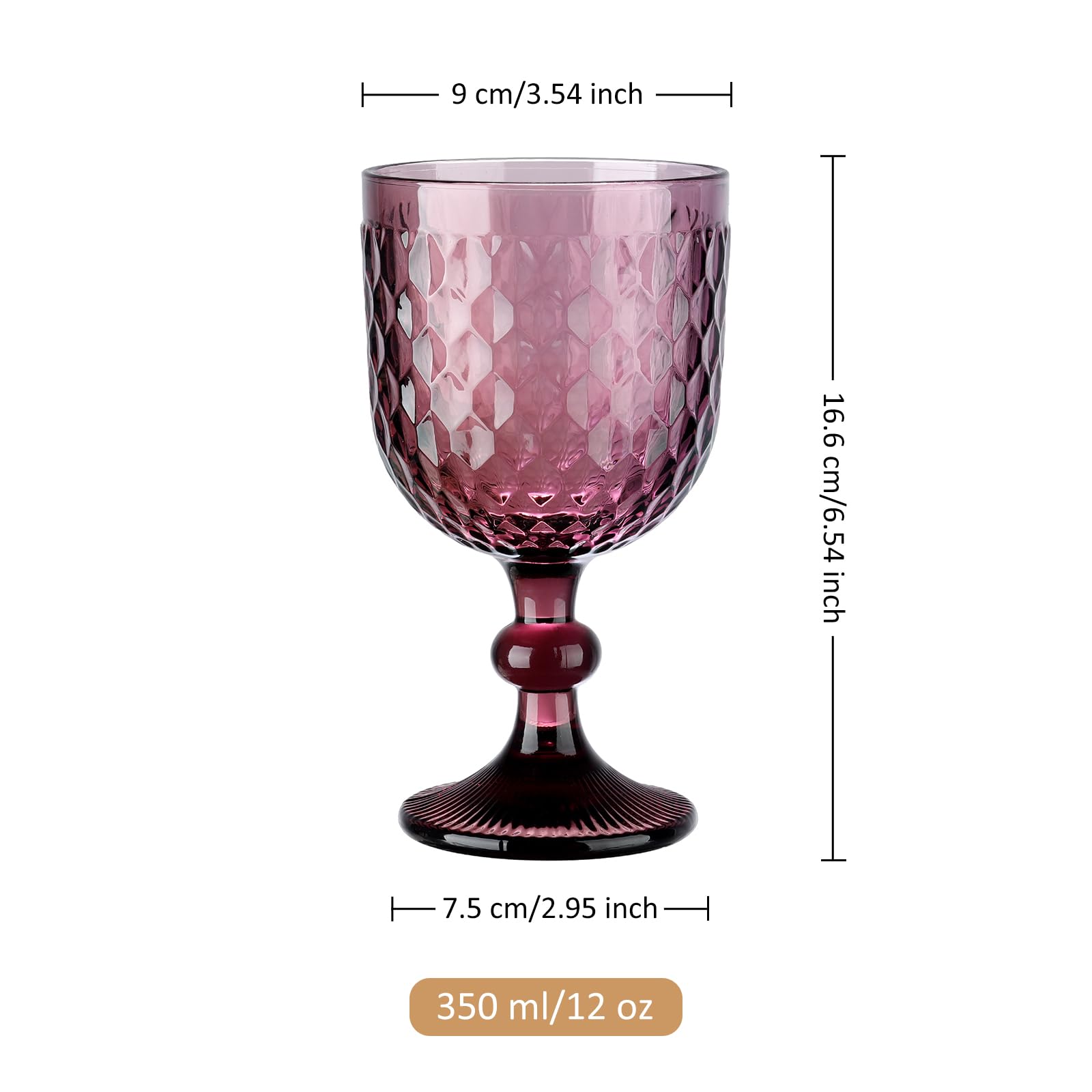 Joeyan 350ml Purple Coloured Chunky Goblet Wine Water Glasses Set of 4 with Embossed Diamond Pattern - Image 3