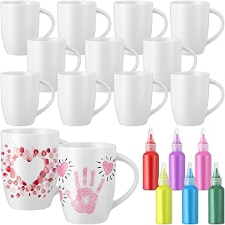 SiliFine 12 Pcs DIY Ceramic Mugs Crafts Kits Ceramic Mugs Gifts for Mom White Cups with 6 Bottles of Paint Make Your Own Fingerprint Heart Mug for Mom Gift Crafts Art Home Decoration