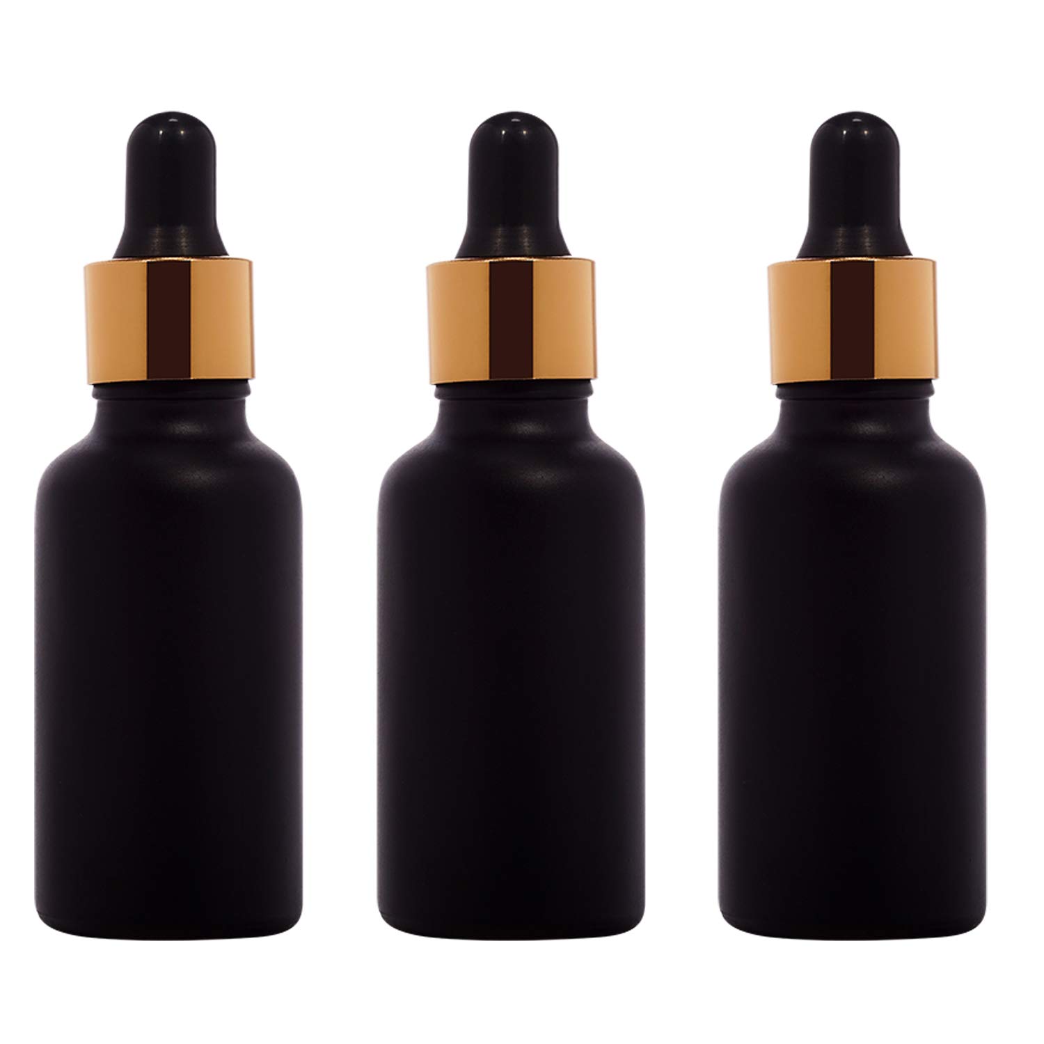 50ml Glossy Black Painted Round Glass Bottle + Glass Dropper + Gold Ring + Black Silicon Teat