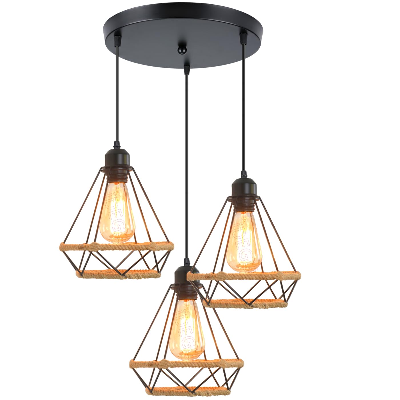 iDEGU 3 lampy przemysłowe lampa wisząca 20 cm żyrandol sufitowy vintage czarny lampa klosz metalowa klatka i lina konopna E27 oświetlenie sufitowe do jadalni, salonu, restauracji