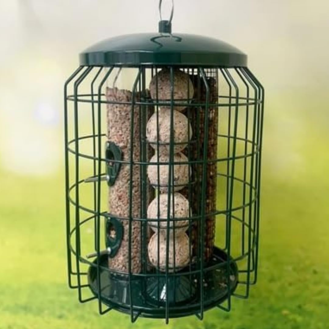 Leagrams 3-in-1 Squirrel Proof Bird Feeder – Seed, Peanut & Fat Ball Feeder with Heavy Duty Metal Cage – Weatherproof Hanging Bird Feeder for Garden Birds – Dark Green