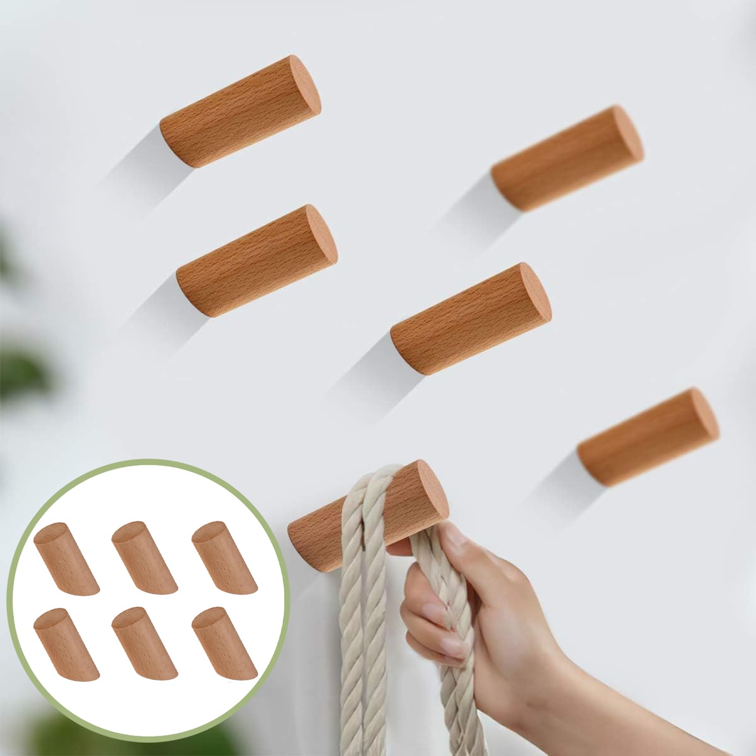 6 Pezzi Ganci Appendiabiti in Legno Naturale, Gancio Naturale Legno, Ganci Appendiabiti Legno, Faggio Naturale Appendiabiti per La Casa, Appendere, Vestiti Sciarpa, Cappello, Borsa（3 * 10cm）