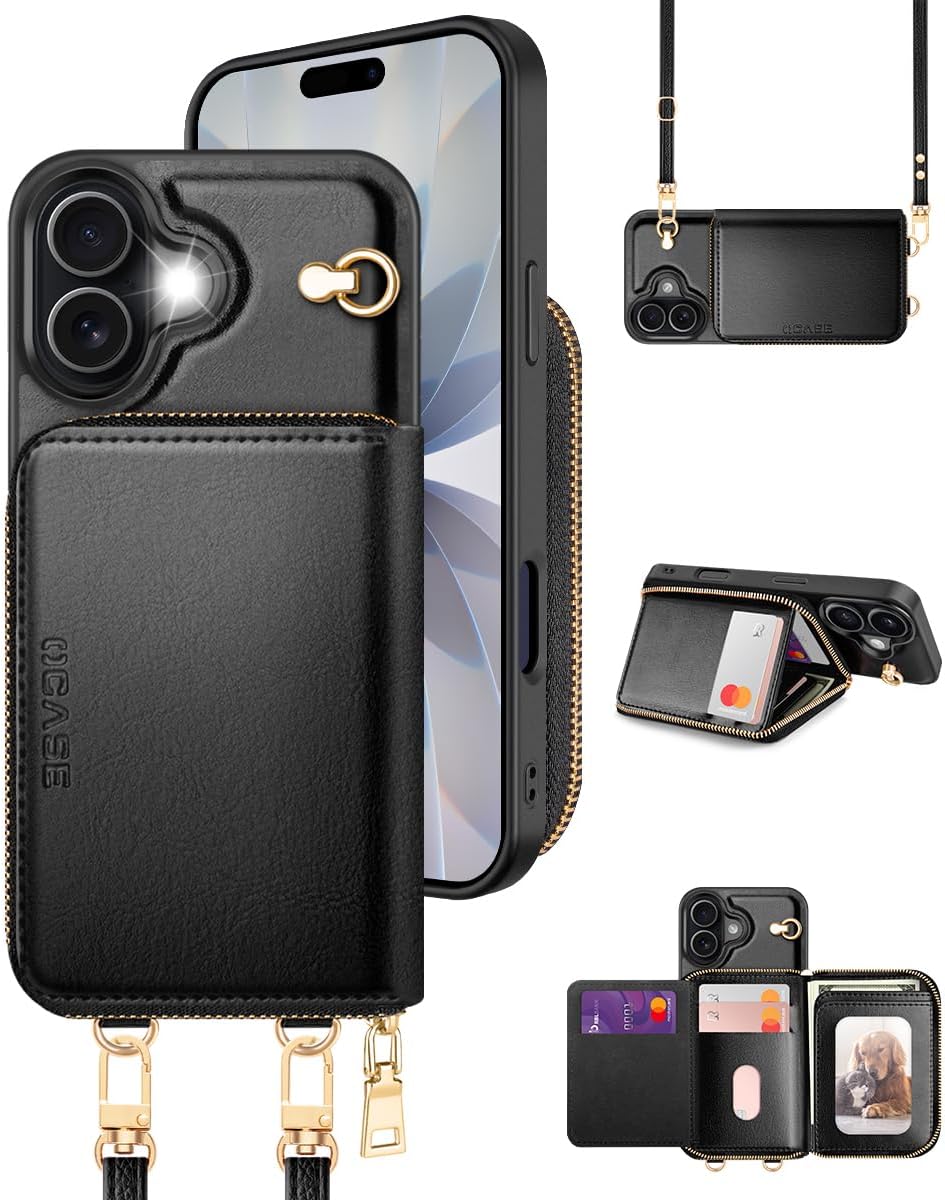 OCASE Compatible with iPhone 17 Crossbody Wallet Case with Card Holder, PU Leather Zipper Handbag Phone Purse with RFID Blocking Kickstand Wrist Strap Lanyard 6.3 Inch, Black