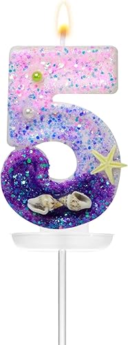 Hokoad Velas de cumpleaños número 5, velas de cumpleaños temáticas de sirena para pasteles, color rosa y morado con lentejuelas para decoraciones de