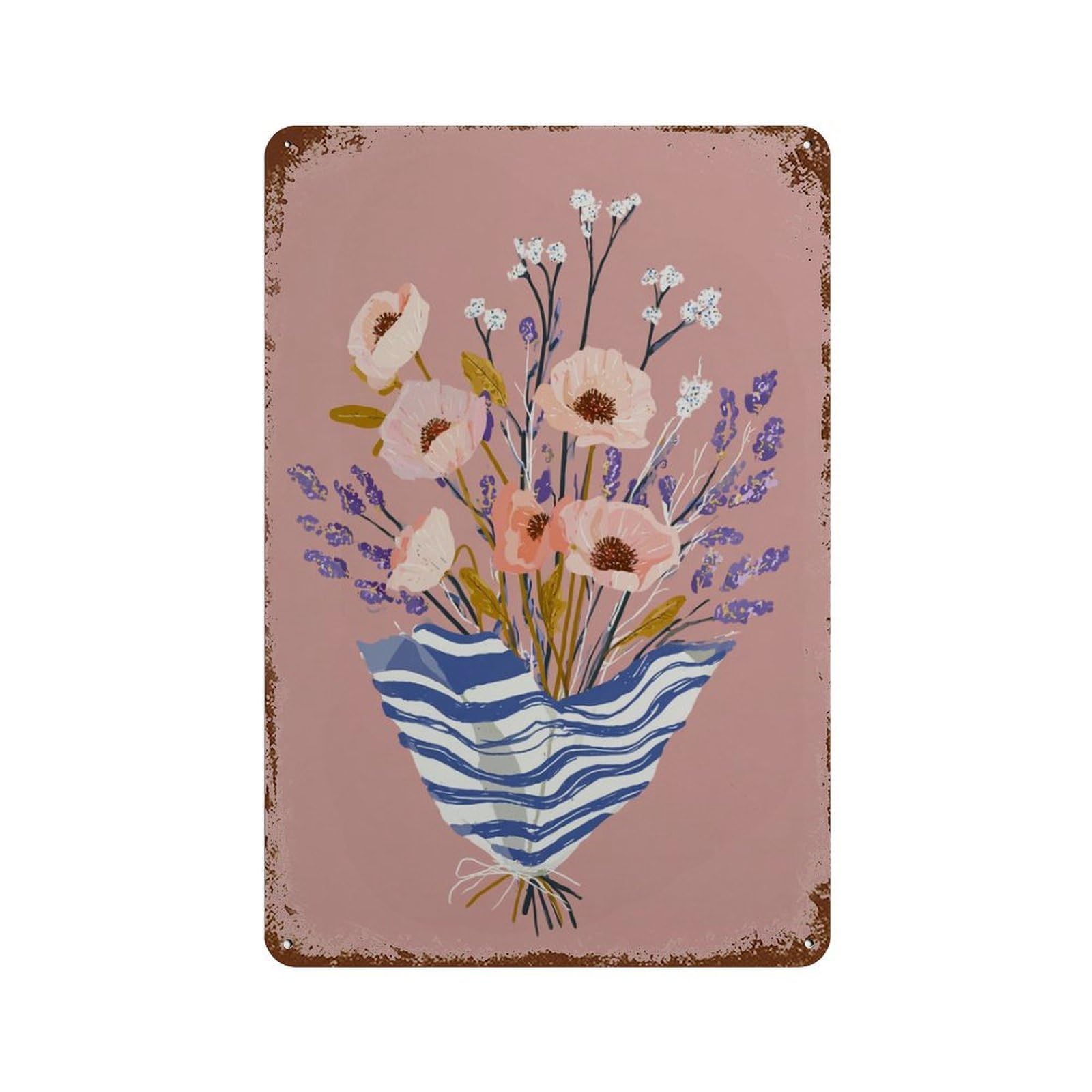 xiaoxiaoshen Modern Floral Bouquet Pink Flower with Blue Wrapping Contemporary Botanical Livi Wall Decor Art Metal Tin Poster Modern Home Decor Art Home Bar Shop Decorations Vintage Sign 30x20cm