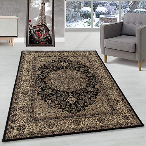 Orient Teppich Wohnzimmer Orientalisch Design Klassisch Optik Kurzflor Pflegeleicht, Farbe: Schwarz, Größe: 120 x 170 cm