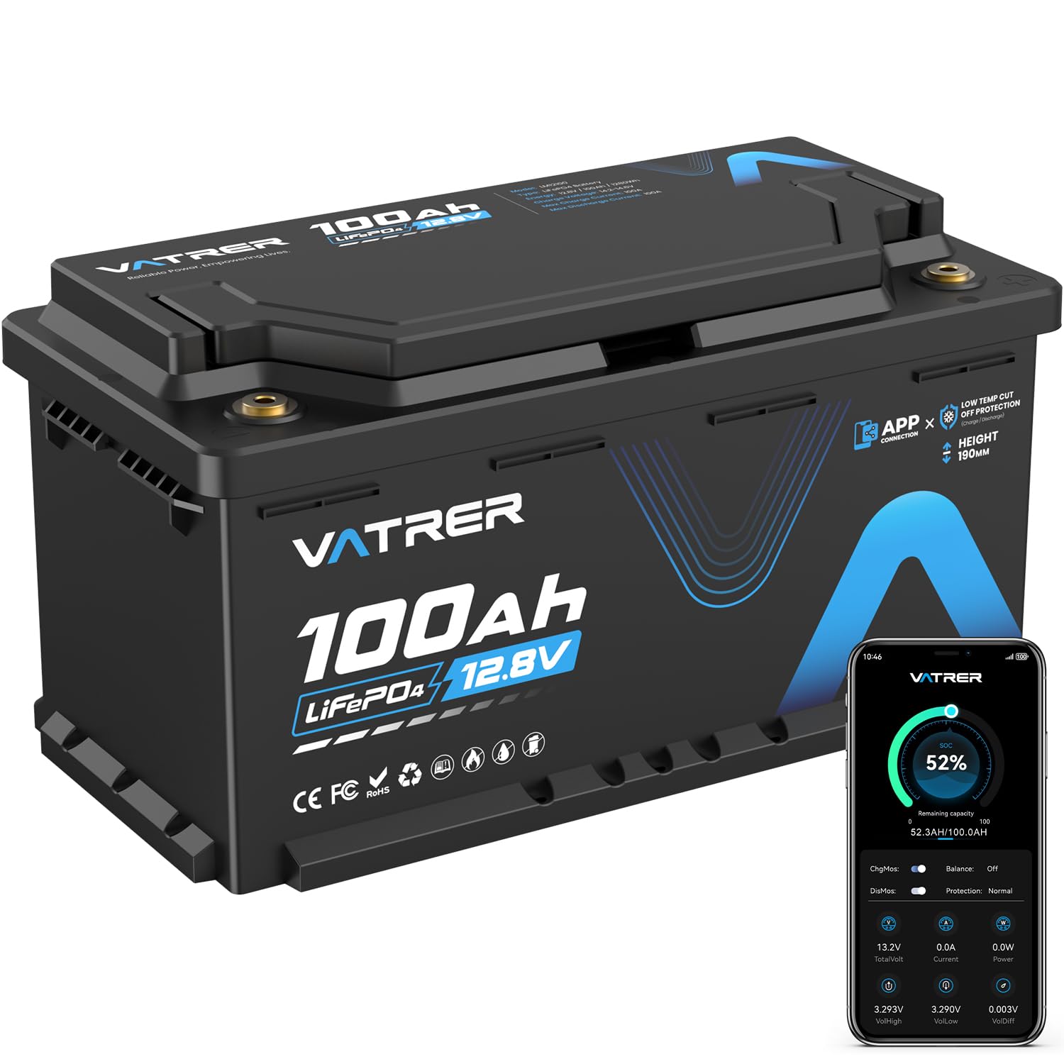 VATRER POWER 12V 100Ah LiFePO4 DIN H8/D5 Untersitz Batterie | Bluetooth APP · 100A Smart BMS · H190 Untersitz-Design · Für Wohnmobil & Caravan