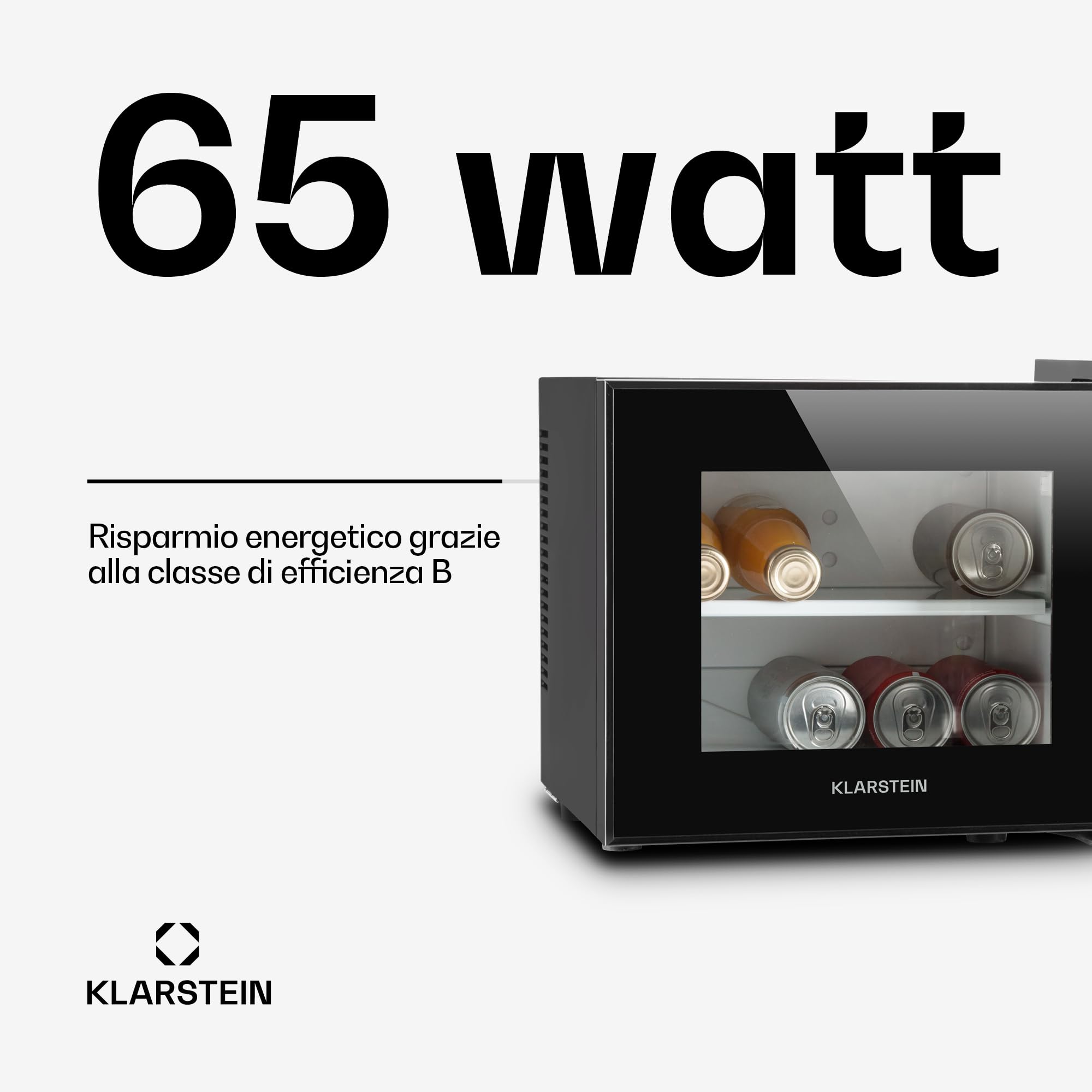KLARSTEIN Frosty Compact Line - Frigo Compatto, Mini Frigo, Ultracompatto, 65 Watt, Porta in Doppio Vetro Isolato, 10 Litri, Classe A, Temperatura tra 12° e i 18° C, Illuminazione LED, Nero