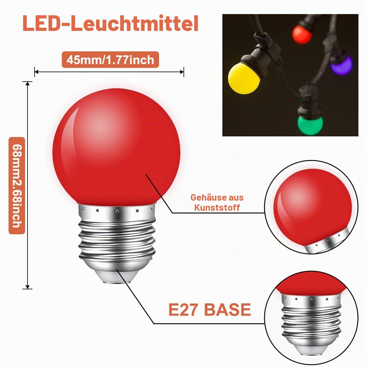 42er Pack Bunte Glühbirnen E27 LED Birne 2W,Farbige Glühbirne E27 Außen,G45 Bunt Leuchtmittel für Lichterkette Party Weihnachten Deko,Rot Grün Blau Orange Gelb Rosa Violett,Kunststoff