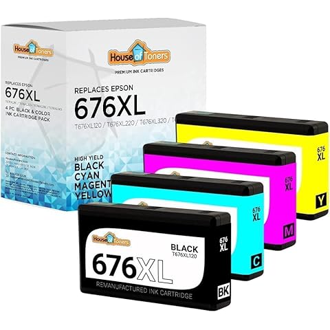Houseoftoners Remanufactured 4-Pack for Epson T676XL Black Cyan Magenta Yellow Ink Cartridge High Yield Replacment for Epson 676XL Workforce Pro WP-4020 WP-4520 WP-4530 (BCMY) Cover