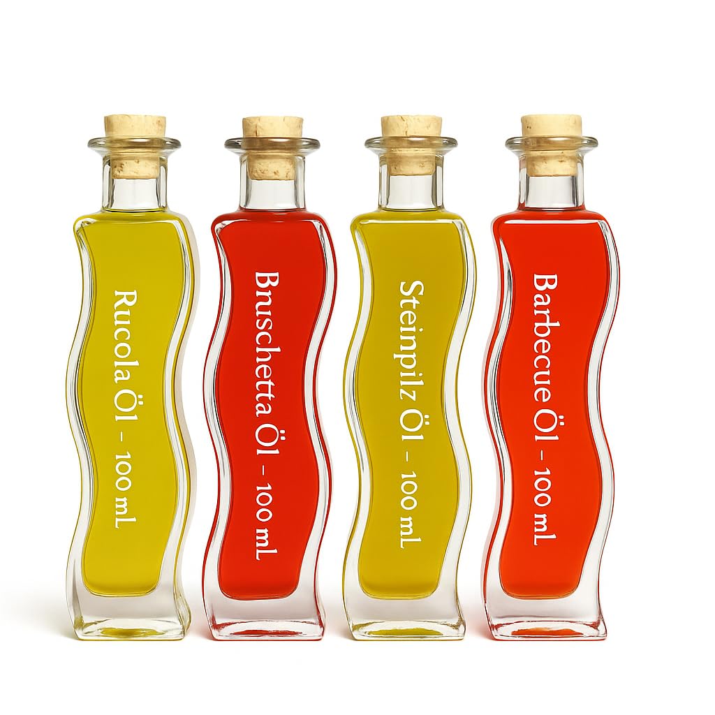 Exklusives Öl Geschenkset 4×100 ml – Edle Gourmetöle in Designflaschen: Rucola, Bruschetta, Steinpilz & Barbecue – Veredelte Premium-Öle für Küche & Grill