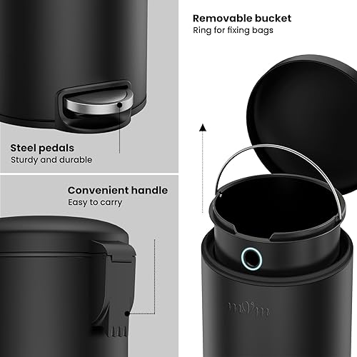 Miniatura 4 de mVm Bote de basura pequeño con tapa, cubo de basura de baño de 1.3 gales5 litros, cubo de basura redondo de acero inoxidable (negro)