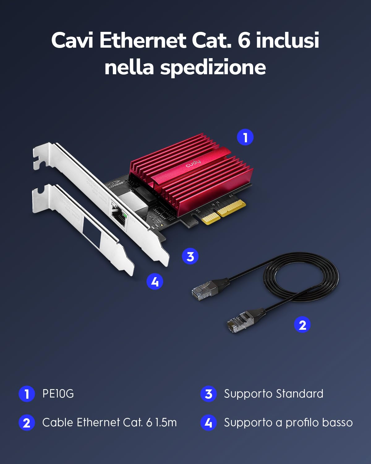 Cudy Scheda di rete PCIe da 10 GB, adattatore PCIe 10G Base-T, controllo del flusso, adattatore Ethernet da PCIe a 10 Gigabit, supporta Windows 11/10, WindowsServer 2022 e Linux, incluso cavo di rete
