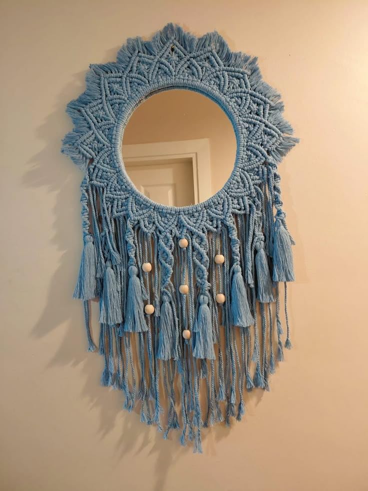 Macrame Round Wall Mirror with Tassels and Wooden Beads, Blue, Boho Style, Handcrafted Wall Decor-image-6