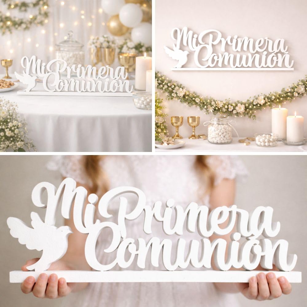 Letrero " Mi Primera Comunion " en poliestireno para Decoración en Mesa Dulce o Candy Bar, photocalls. (Letrero_Paloma, 5cm)