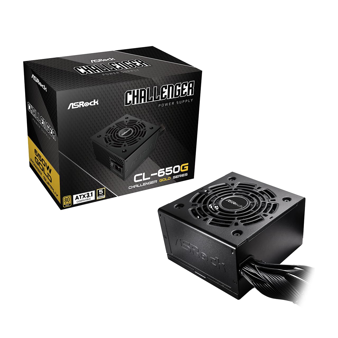 ASRock Challenger 650W Power Supply 5 Years Warranty ATX 3.1 Auto iCOOL Intelligent Fan Control 120mm Golf Blade 80 Plus Gold Certified Non-Modular CL-650G