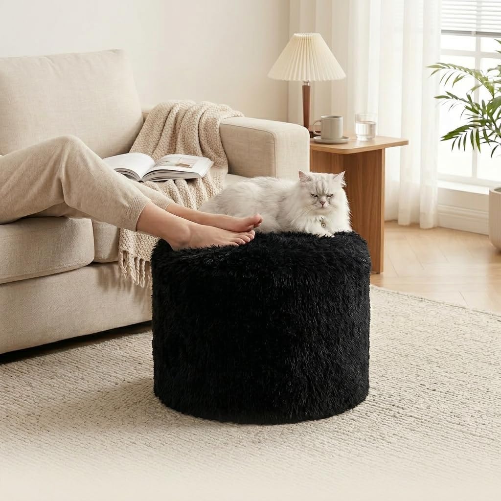 Round Pouf Ottoman Foot Rest, 17"×15" Foam Filled Foot Stool for Living Room, Lightweight Decorative Pouf Stool for Couch or Chair, Soft Modern Ottoman for Home Decor, Black