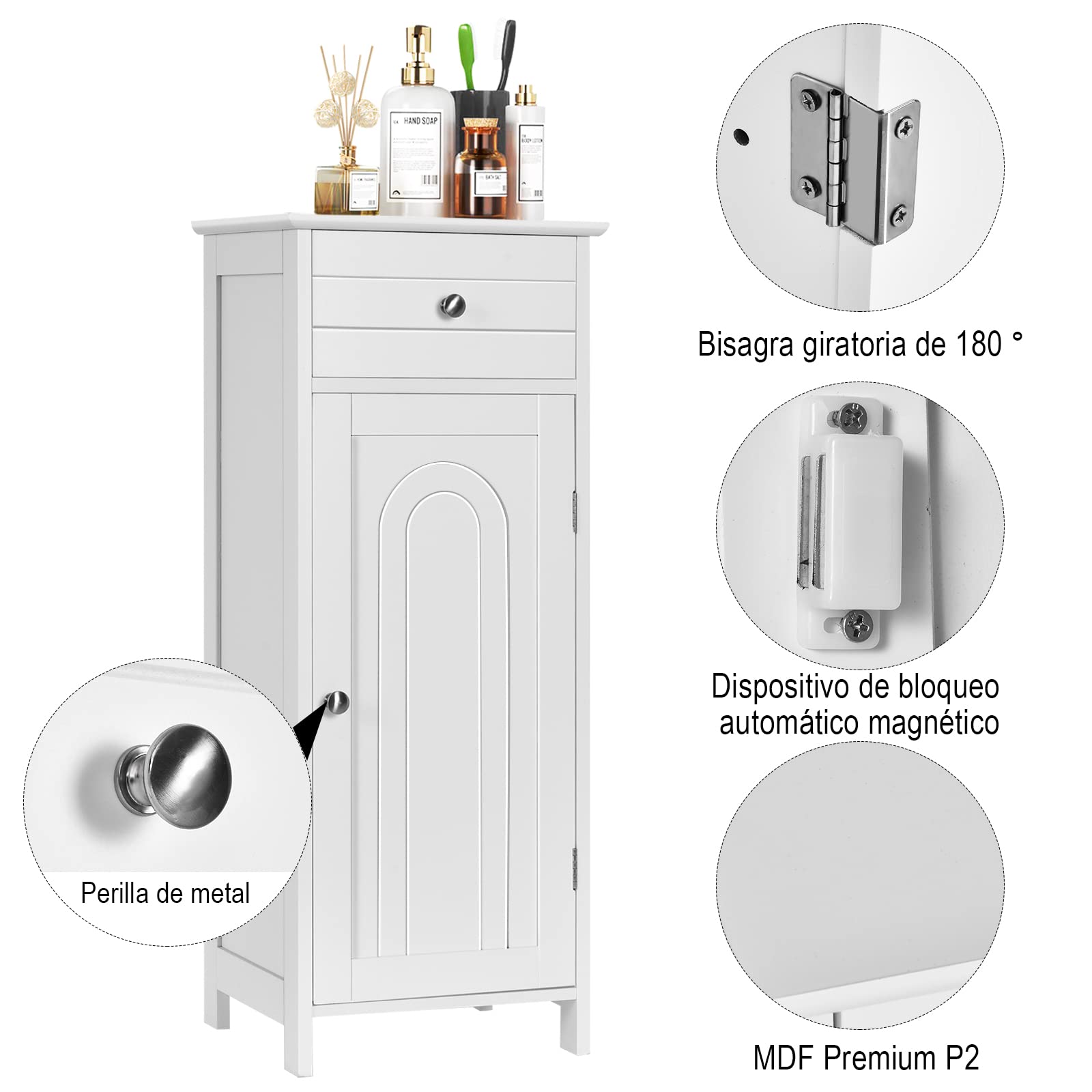 COSTWAY Armario de Pie para Baño Organizador, Madera con Cajón Mueble Aparador Lateral para Cocina Salón Almacenamiento 35.6 x 30.5 x 88cm (Blanco)
